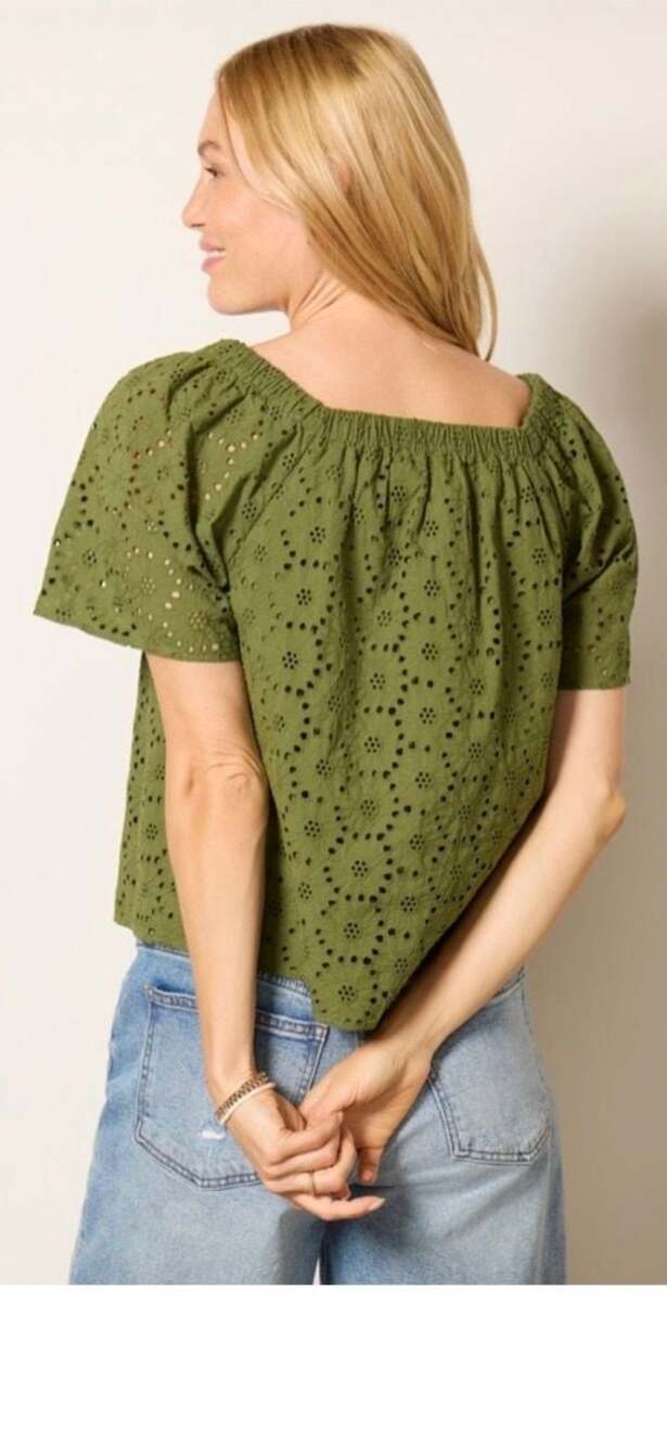 EVEREVE Hadley Eyelet Puff Sleeve Top XS Olive Green Romantic Boho - Picture 5 of 11